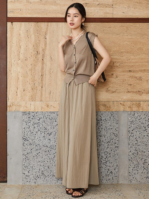 灰卡色松紧腰阔腿裤女夏季 薄款透气宽松显瘦垂感九分休闲裙裤 商品图1