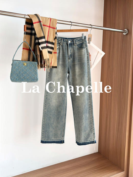 专柜实拍【细腿/复古毛边】拉夏贝尔/La Chapelle高腰遮胯显瘦直筒裤复古水洗浅蓝牛仔裤 商品图0