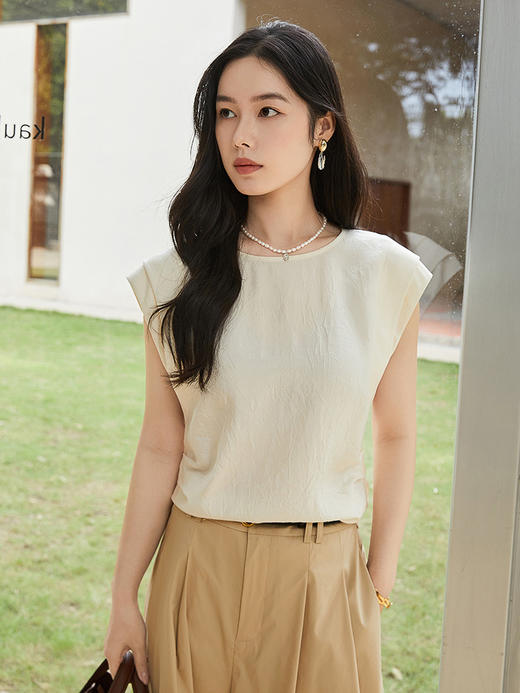 法式温柔风米白色无袖背心 收腰显瘦褶皱设计感圆领气质上衣 商品图0