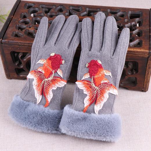 丁摩 民族风刺绣花女士保暖分指手套毛绒边可触屏分指骑行手套5ZF-DY16983 商品图0