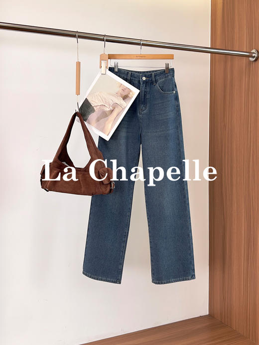 专柜实拍【竖纹/四面弹】拉夏贝尔/La Chapelle高腰显瘦牛仔裤女2026新款窄版直筒阔腿长裤 商品图1