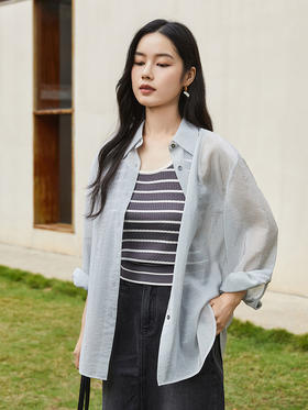 浅蓝褶皱肌理衬衫女 2026 春季新款宽松显瘦长袖衬衣 高级感垂坠气质上衣