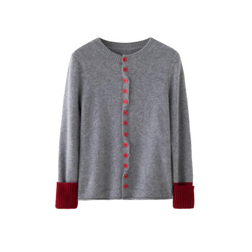 丁摩 法式撞色女山羊绒针织开衫显瘦圆领袖口拼色小香风毛衣外套5ZF-25158 商品图4