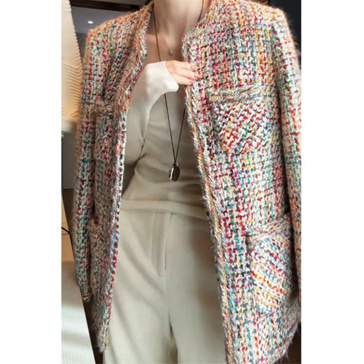 丁摩 大码小香风外套女胖mm中长款彩虹编织时髦粗花呢子大衣200斤春5ZF-005 商品图2