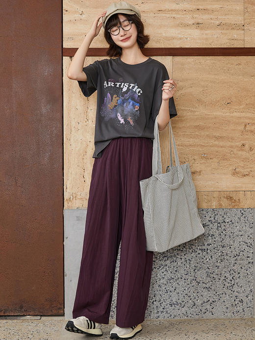 葡萄紫褶皱阔腿裤女 松紧腰垂坠感休闲裤 慵懒风显瘦遮肉拖地裤 商品图8