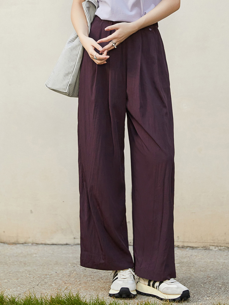 葡萄紫褶皱阔腿裤女 松紧腰垂坠感休闲裤 慵懒风显瘦遮肉拖地裤