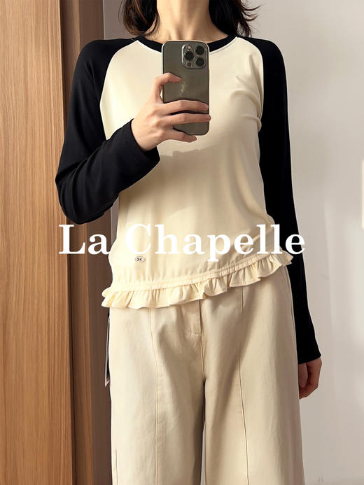 专柜实拍【减龄灵动tee恤】拉夏贝尔/La Chapelle撞色插肩袖荷叶边T恤柔软舒适长袖打底上衣 商品图3