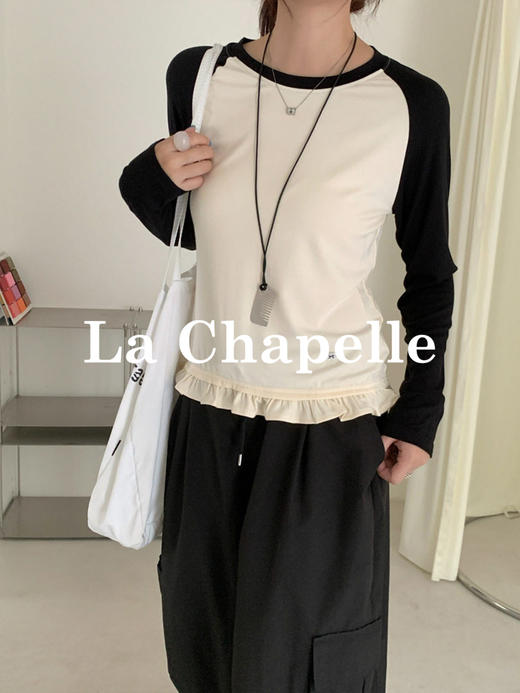 专柜实拍【减龄灵动tee恤】拉夏贝尔/La Chapelle撞色插肩袖荷叶边T恤柔软舒适长袖打底上衣 商品图2