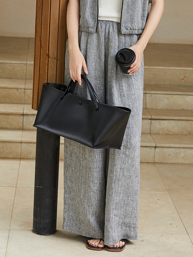 棉麻肌理感面料｜灰色松紧腰阔腿裤，透气显瘦直筒休闲长裤