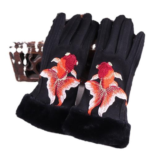 丁摩 民族风刺绣花女士保暖分指手套毛绒边可触屏分指骑行手套5ZF-DY16983 商品图4