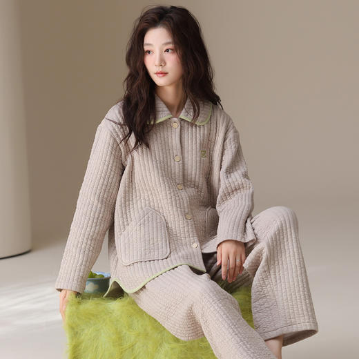 丁摩 睡衣女秋冬季新款空气棉夹层纯棉长袖加厚保暖家居服套装5ZF-338 商品图3