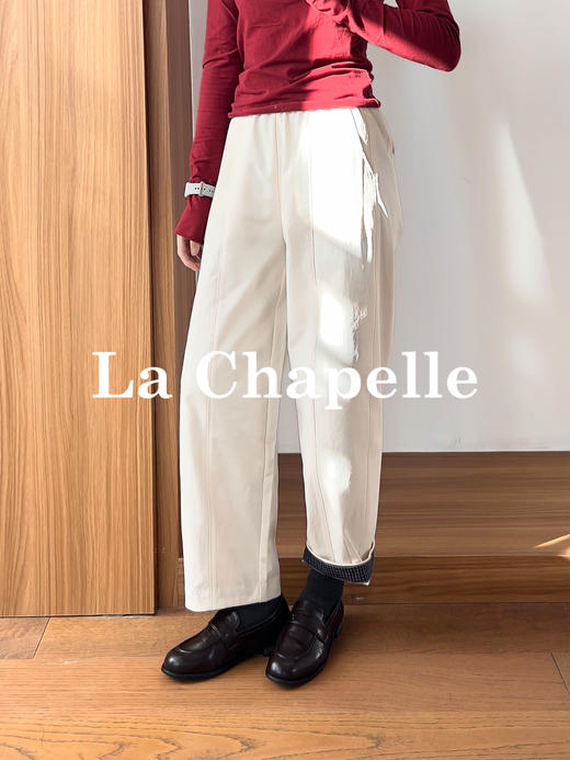 天猫同步【日系休闲风】拉夏贝尔/La Chapelle设计感松紧高腰时髦撞色卷边小个子显瘦裤子 商品图5