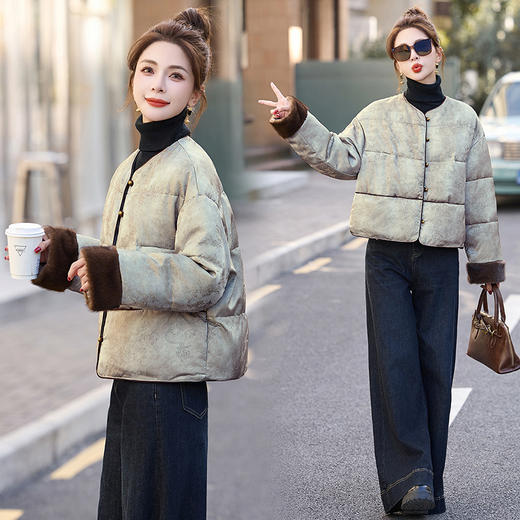 丁摩 新中式提花羽绒服女冬季款毛绒拼接90白鸭绒短款外套5ZF-1031 商品图1