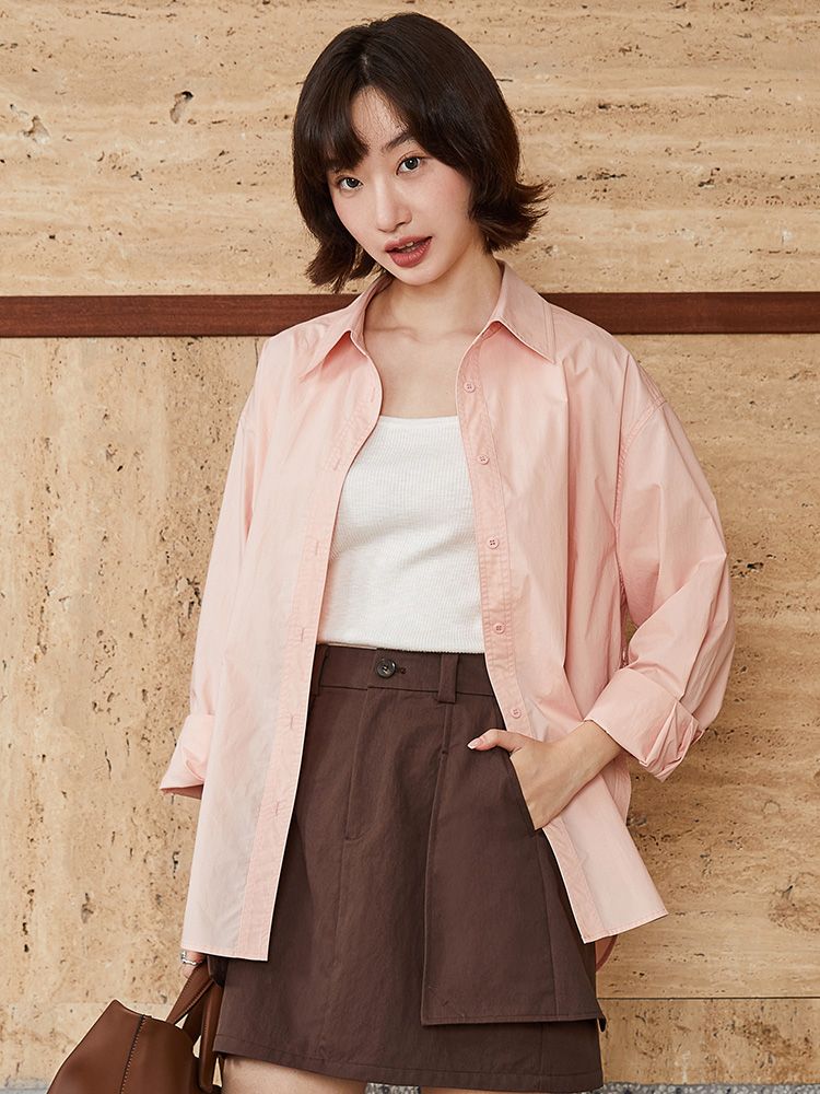 韩系慵懒风粉色长袖衬衫女 翻领单排扣宽松防晒衬衣 小个子通勤百搭上衣