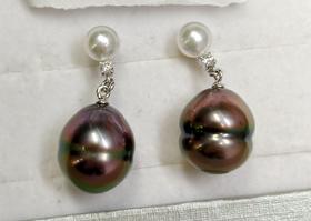 【私席真珠•新年盛宴】18K白钻石大溪地珍珠耳 珠光亮有瑕5-5.5/10-11mm