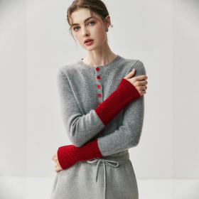 丁摩 法式撞色女山羊绒针织开衫显瘦圆领袖口拼色小香风毛衣外套5ZF-25158