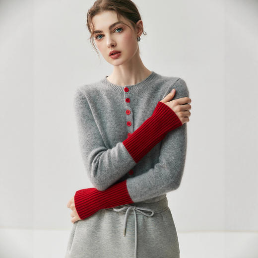 丁摩 法式撞色女山羊绒针织开衫显瘦圆领袖口拼色小香风毛衣外套5ZF-25158 商品图0