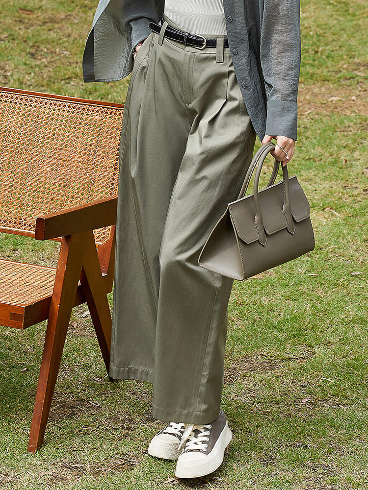 高级感灰绿阔腿西装裤 高腰压褶垂坠长裤 职场通勤显瘦直筒裤