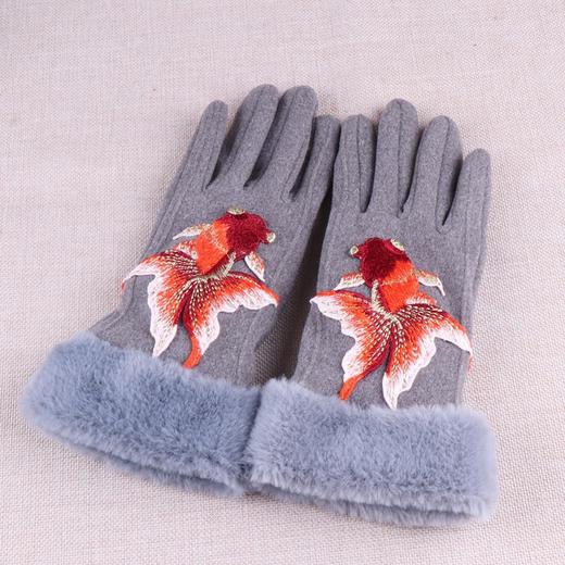 丁摩 民族风刺绣花女士保暖分指手套毛绒边可触屏分指骑行手套5ZF-DY16983 商品图2