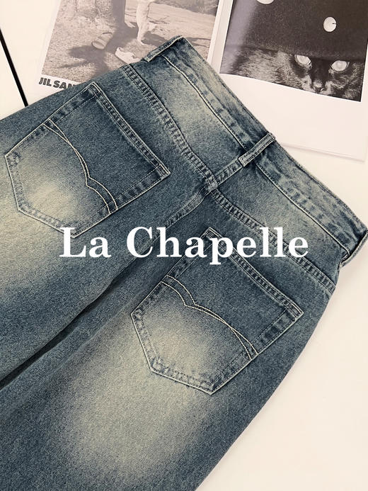 专柜实拍【美式高阶感】拉夏贝尔/La Chapelle复古水洗磨白牛仔裤高腰遮胯显瘦直筒阔腿裤 商品图8