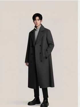 绵羊毛鹅绒内胆冬季高档双面毛呢大衣男长款过膝加厚风衣外套