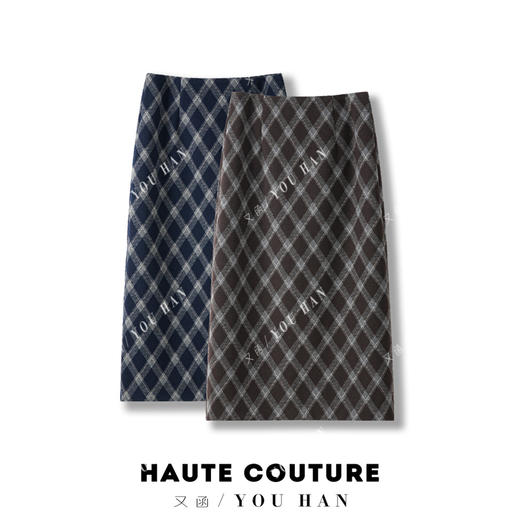 丁摩 秋冬新款格子毛呢半身裙经典显瘦菱形格中长裙复古气质5ZF-1125 商品图0