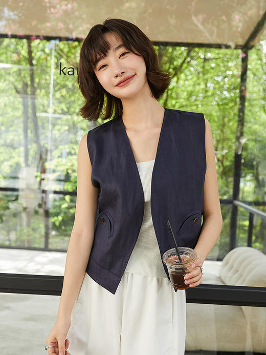 夏季透气藏青色 V 领无袖马甲女亚麻材质宽松显瘦复古风通勤外搭叠穿背心 商品图0