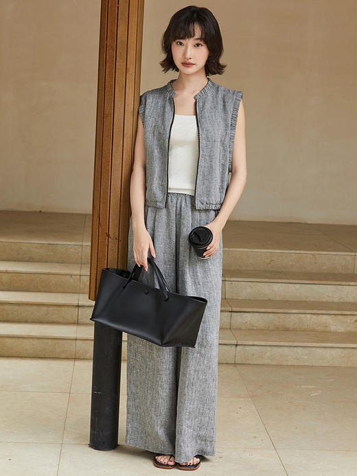 棉麻肌理感面料｜灰色松紧腰阔腿裤，透气显瘦直筒休闲长裤 商品图1