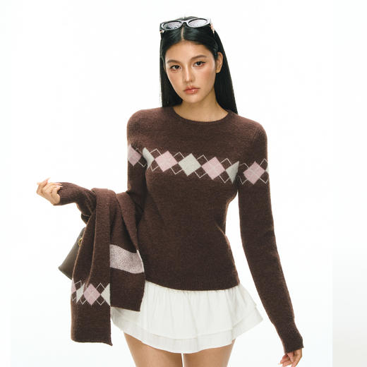 Ariseism 美式复古高级感菱格毛衣女秋冬新款修身上衣 商品图1