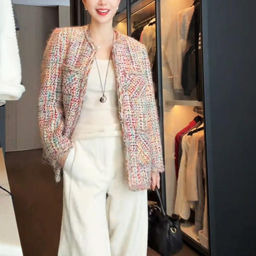 丁摩 大码小香风外套女胖mm中长款彩虹编织时髦粗花呢子大衣200斤春5ZF-005 商品图1
