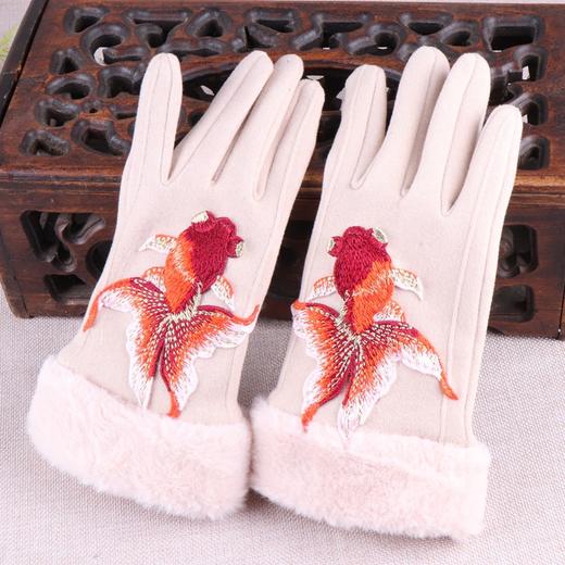 丁摩 民族风刺绣花女士保暖分指手套毛绒边可触屏分指骑行手套5ZF-DY16983 商品图3
