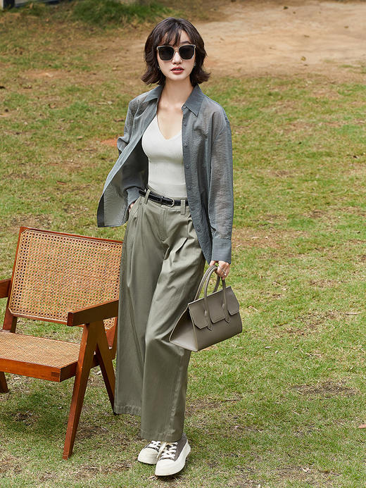 高级感灰绿阔腿西装裤 高腰压褶垂坠长裤 职场通勤显瘦直筒裤 商品图8