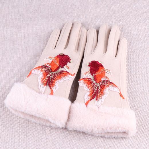 丁摩 民族风刺绣花女士保暖分指手套毛绒边可触屏分指骑行手套5ZF-DY16983 商品图1