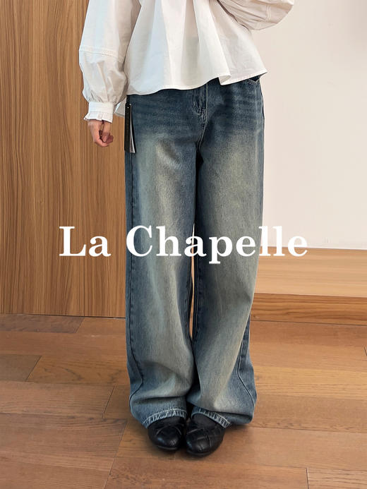 专柜实拍【美式高阶感】拉夏贝尔/La Chapelle复古水洗磨白牛仔裤高腰遮胯显瘦直筒阔腿裤 商品图4