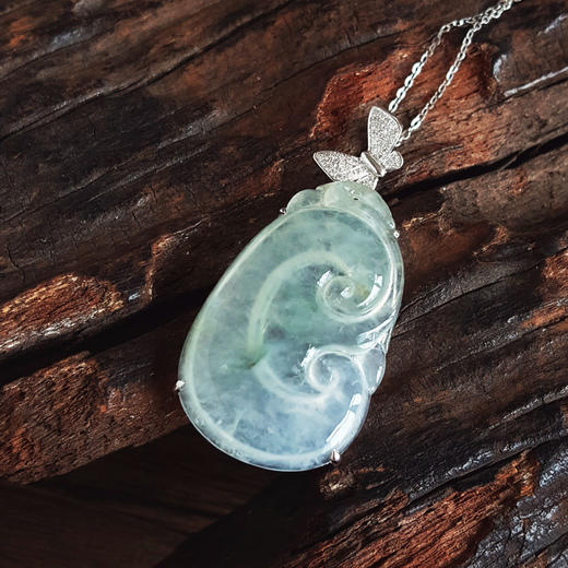 【天然正品】A货翡翠AU750白金镶钻镶天然冰种飘花如意造型翡翠（吉祥、平安）吊坠项链41.3*19.6*5.9MM（皆取最大值）281225NJS22 商品图4