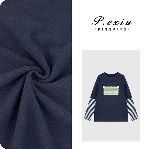 PanYiXiu/潘依绣人丝复古印花拼接假两件条纹双面磨绒圆领长袖上衣W-63553 商品图1