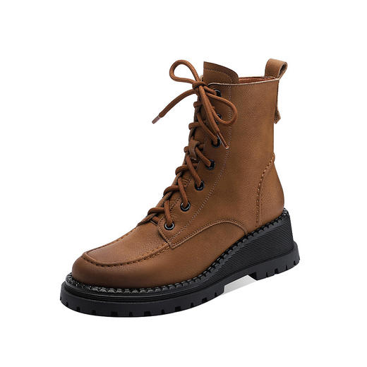 【预售5天】瘦马丁靴女真皮厚底坡跟系带短靴复古风小个子机车靴HBP&1881 商品图4