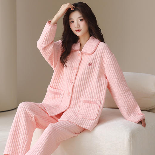 丁摩 睡衣女秋冬季新款空气棉夹层纯棉长袖加厚保暖家居服套装5ZF-338 商品图2