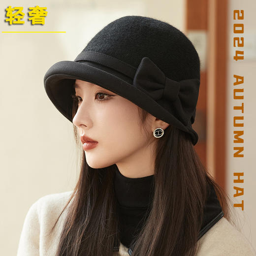 丁摩 赫本风卷边蝴蝶结羊毛渔夫帽子女韩国秋冬轻奢保暖礼帽盆帽潮5ZF-3126 商品图1
