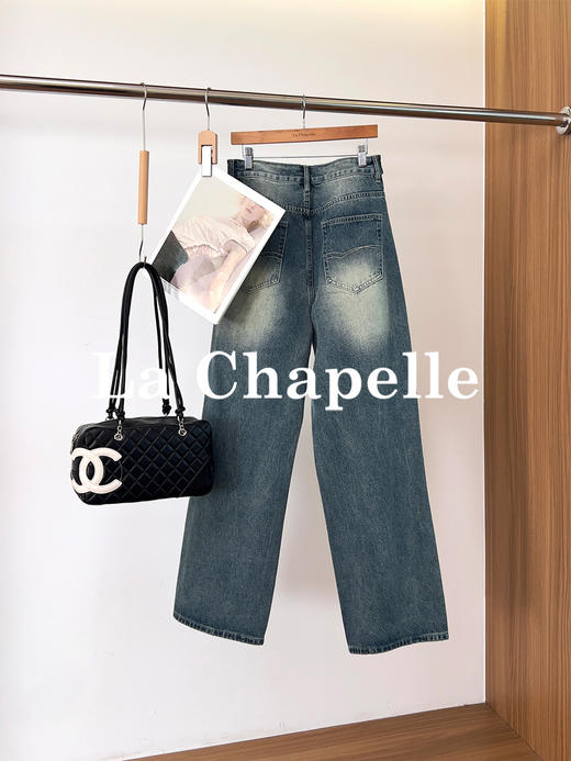 专柜实拍【美式高阶感】拉夏贝尔/La Chapelle复古水洗磨白牛仔裤高腰遮胯显瘦直筒阔腿裤 商品图2