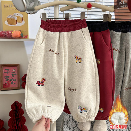 新年秋冬加绒加厚运动束脚裤子高腰卡通绣花女童阔腿长裤 商品图3