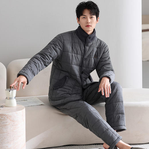 雀说 三层加厚羽绒夹棉袄睡衣男士冬季加绒家居服 商品图0