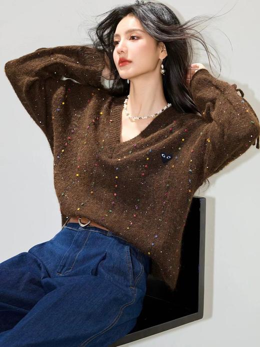 F011268甜美设计感V领喇叭袖亮丝针织衫毛衣 商品图9