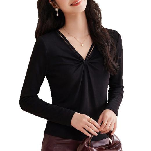 「自j」全新升级【铂金会员128/天猫169/差价41】(03542)洛诗琳新款小别致挂脖扭结V领长袖T恤2026春季正肩显瘦上衣 商品图4