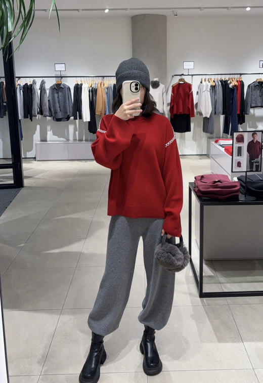 112-5 纯圆正 TH白色粗针缝线撞色 落肩袖 厚实宽松 新年红毛衣 商品图8