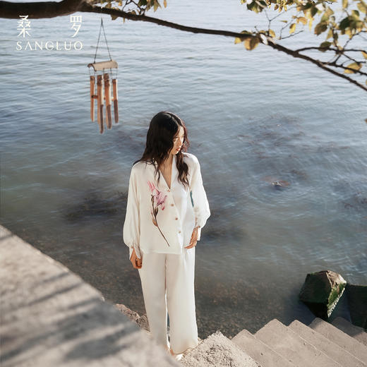 东方鸢尾』桑罗中式V领睡衣套装桑蚕丝女长袖家居服外穿 商品图4