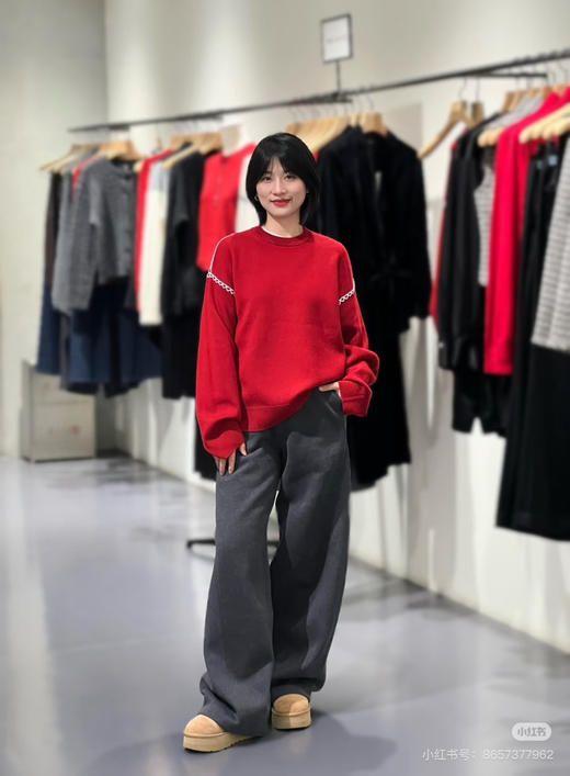 112-5 纯圆正 TH白色粗针缝线撞色 落肩袖 厚实宽松 新年红毛衣 商品图4