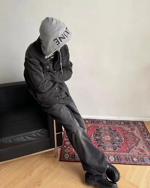 F011218新款假两件拼接连帽印花牛仔外套男女同款 商品图3