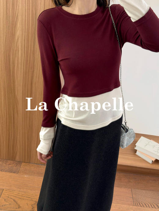 拉夏贝尔/La Chapelle撞色拼接假两件tee弹力修身显瘦长袖打底上衣 商品图3