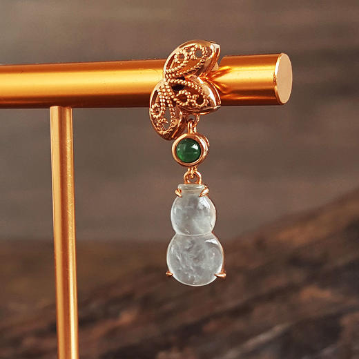 【天然正品】A货翡翠AU750玫瑰金镶天然细腻白色冰种葫芦（福禄平安）翡翠耳坠26.0*14.4*12.4MM（皆取最大值）120126XY03 商品图3